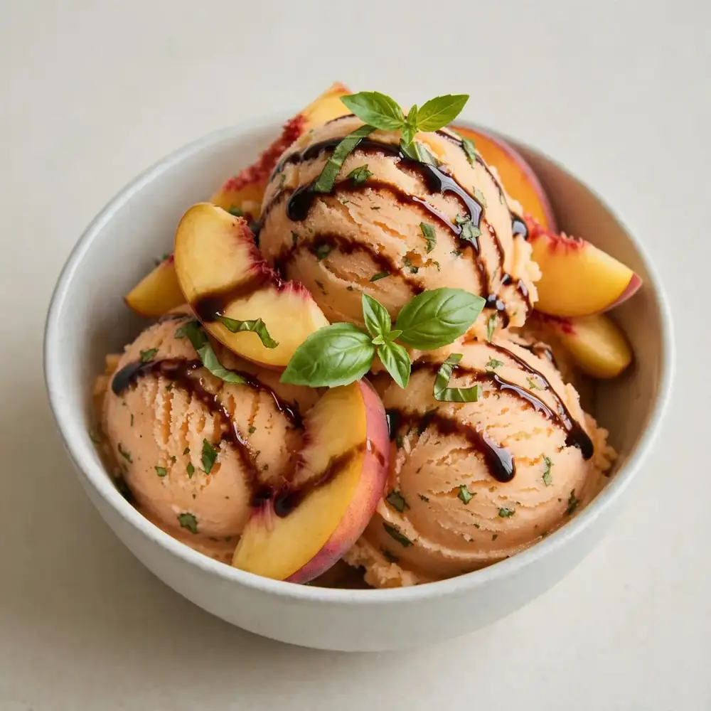 Peach & Basil Sorbet with Balsamic Drizzle